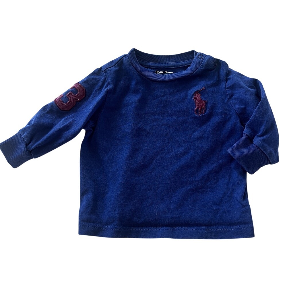 Baby Ralph Lauren Polo Navy Long Sleeve Cotton Tee Size 3 Months Snap Collar